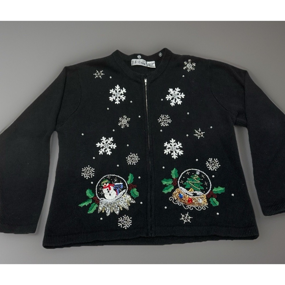 *Vintage Christmas Granny Cardigan Snowglobe Snowflake Sequined Beaded Sz L
